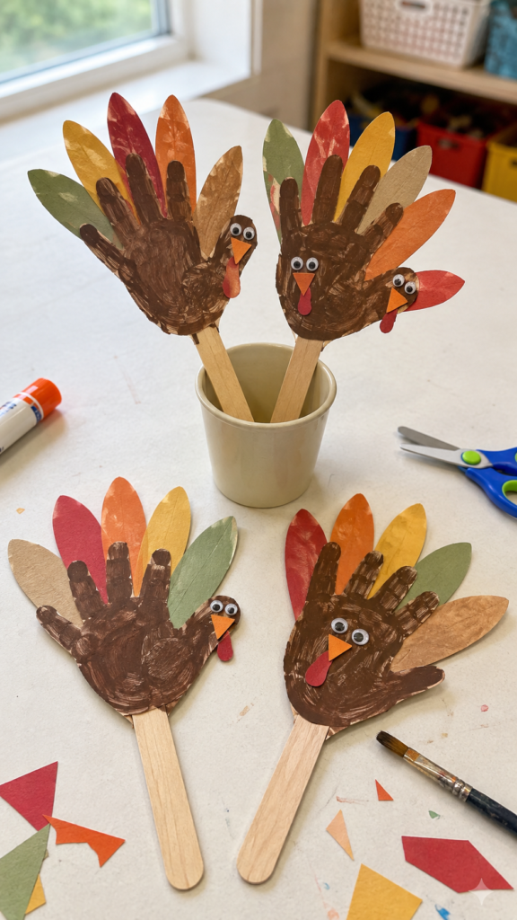 Four-cheerful-handprint-turkey-puppets