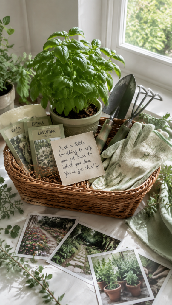 Gardening-memory-gift-basket-by-window.-DIY-Thanksgiving-gift-baskets-for-elderly