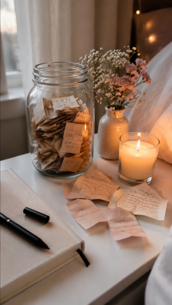 Glass-memory-jar-on-white-nightstand-craft -night -ideas- for -moms