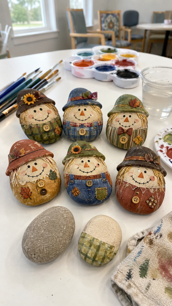 Hand-painted-scarecrow-rocks-on-craft-table.