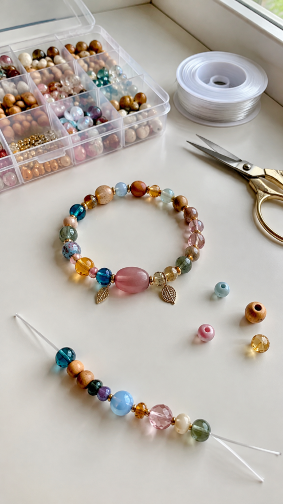 Handmade-colorful-bead-bracelet-on-craft-table