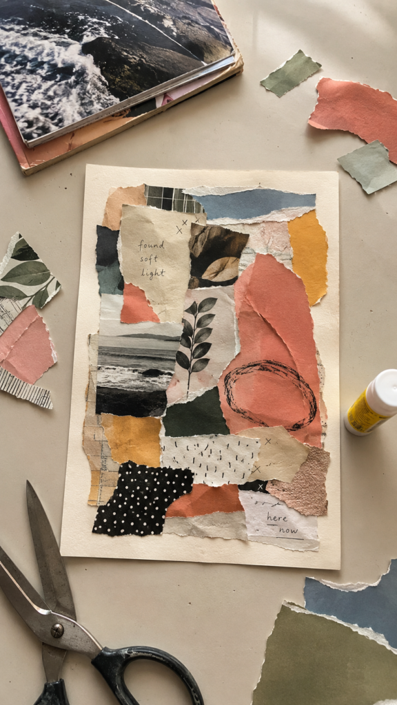 Handmade-magazine-collage-on-craft-table.