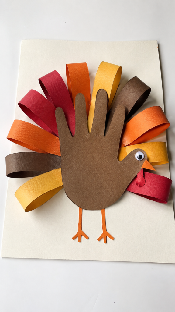 Handprint-turkey-with-looped-paper-feathers.