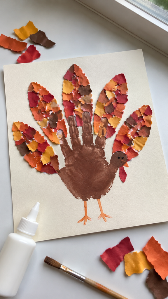 Handprint-turkey-with-torn-paper-feathers.