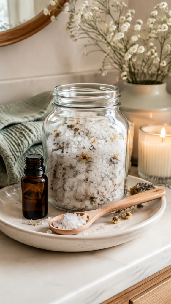 Homemade-bath-salts-with-candle-and-flowers.
