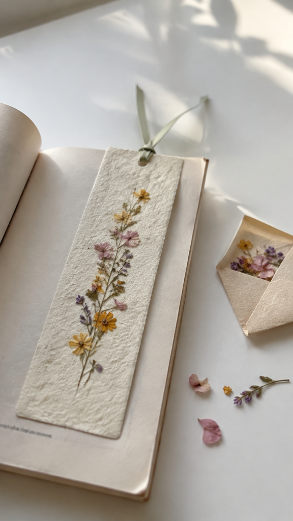 Pressed-flower-bookmark-in-a-cozy-book