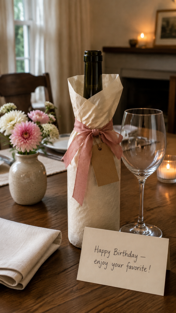 Wrapped-birthday-wine-gift-by-candlelight.