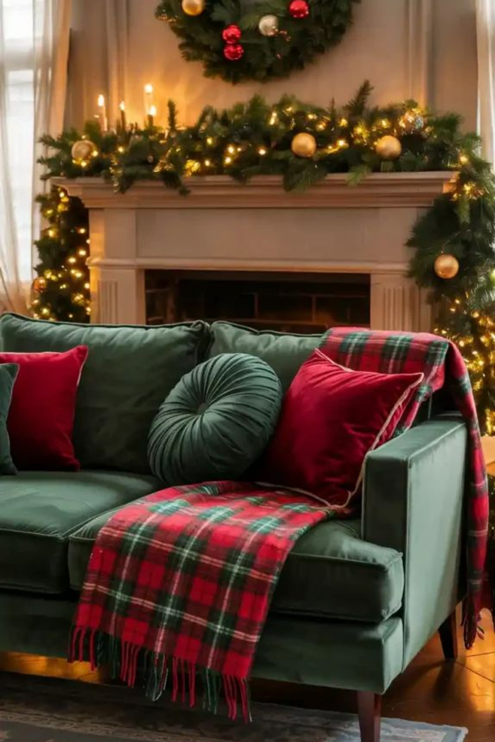 Classic red green plaid Christmas movie night setup living room
