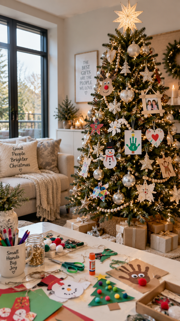 Cozy-Christmas-kids-Crafting-by-the-Tree.-another-Christmas -tree- ideas- that- aren't- red- and -green