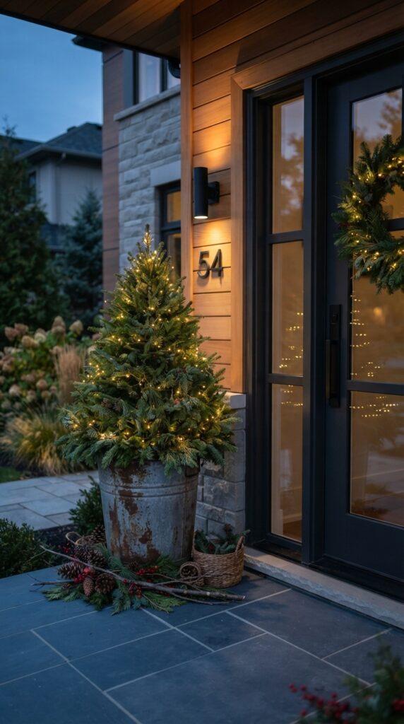 rustic bucket planter beside a modern front door, filled with layered evergreen branches