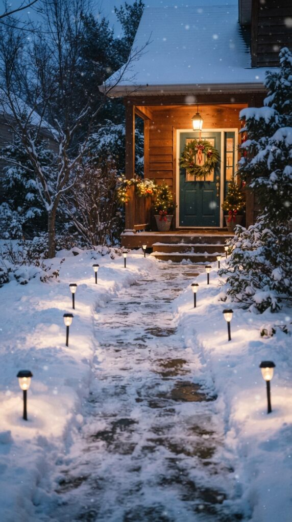 Christmas-porch-walkway-lined-with-small-solar-stake-lights-glowing-softly-beside-a-snowy-path.