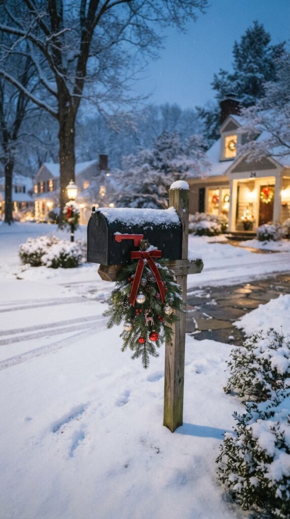 mailbox -decorated- with- a -small -evergreen- Christmas -garland -swag