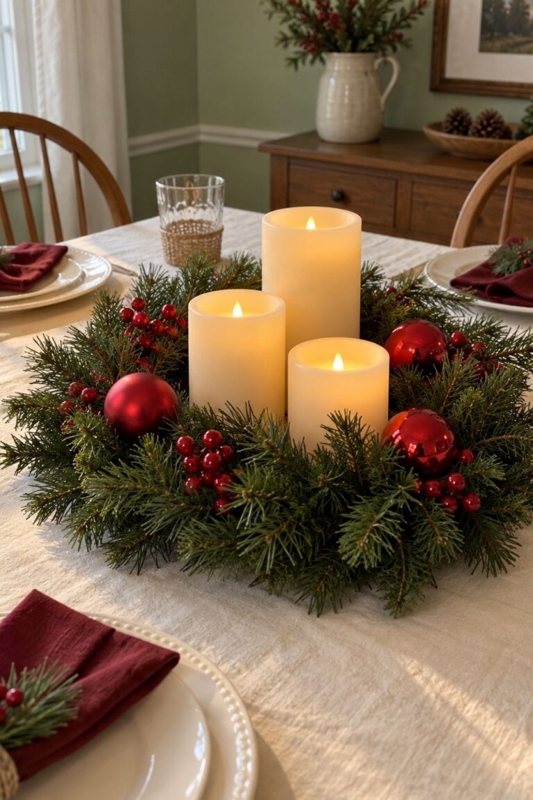 diy-christmas-table-centerpiece-ideas-flat-wreath-with-candles
