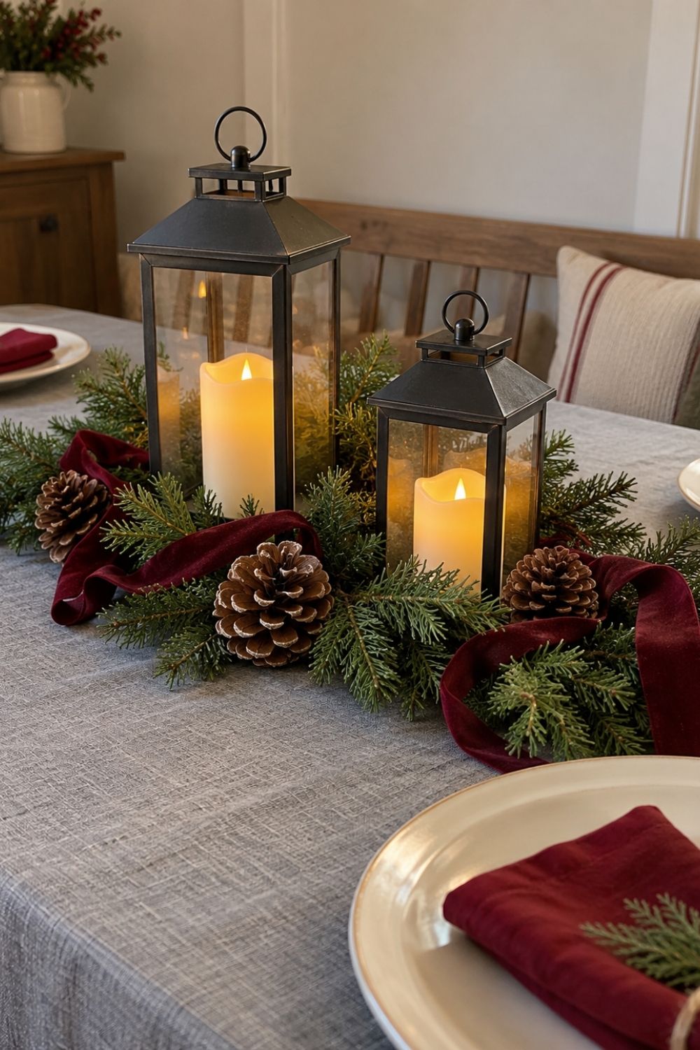 diy-christmas-table-centerpiece-ideas-lantern-and-greenery-grouping
