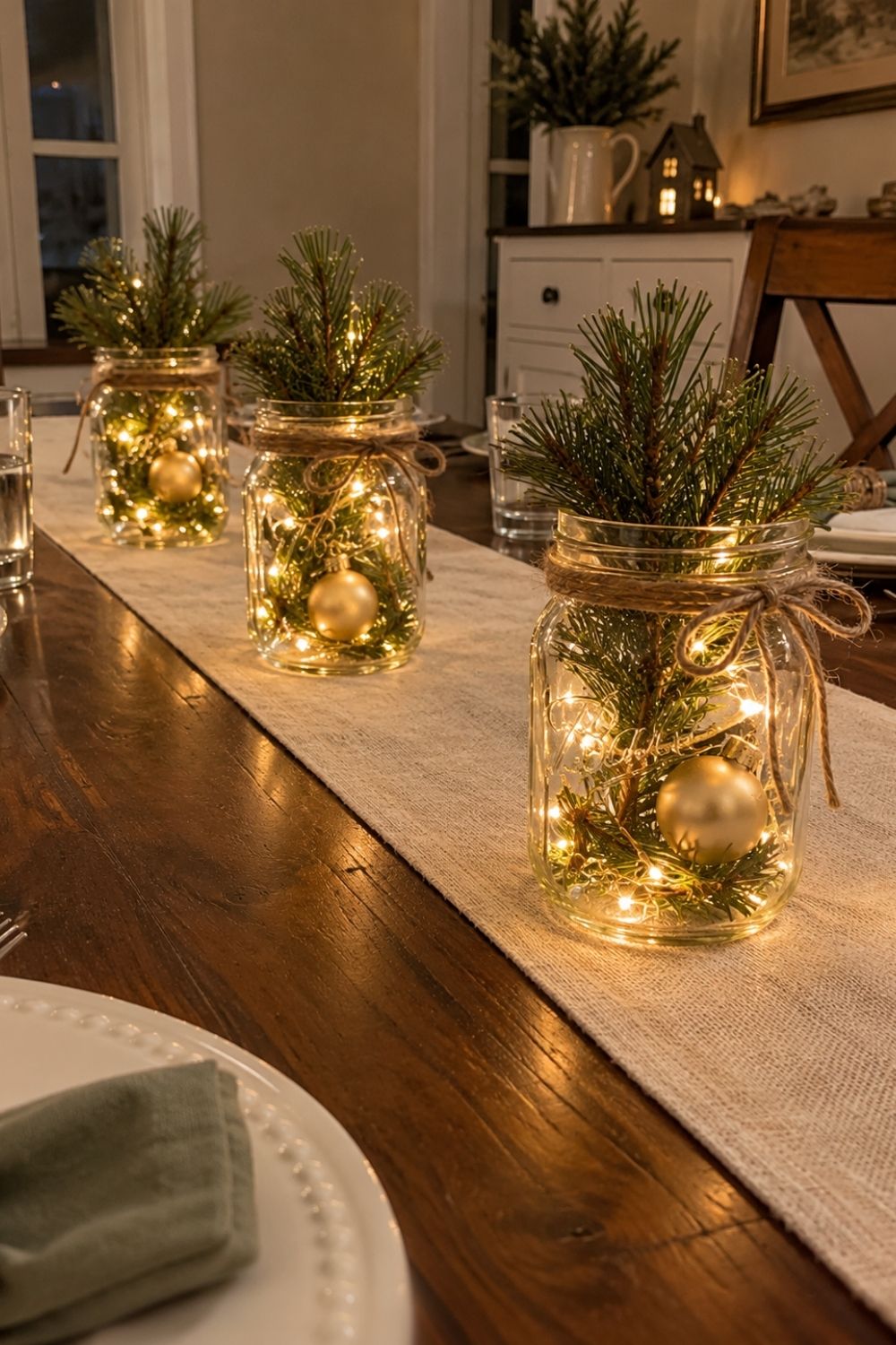 diy-christmas-table-centerpiece-ideas-mason-jar-greenery-and-lights