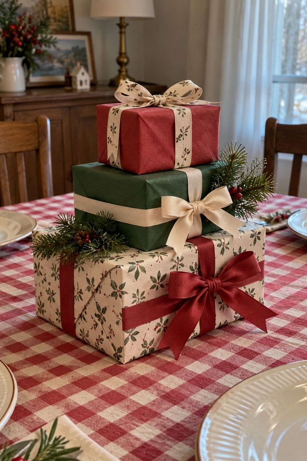 diy-christmas-table-centerpiece-ideas-stacked-gift-boxes